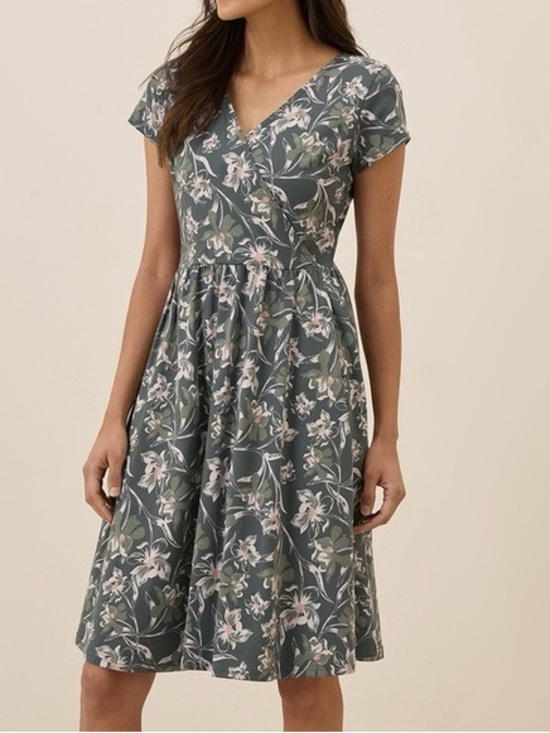 Pact Dresses & Skirts - Pact Organic Fit & Flare Crossover Dress Size Small Vineyard Floral Castor Gray